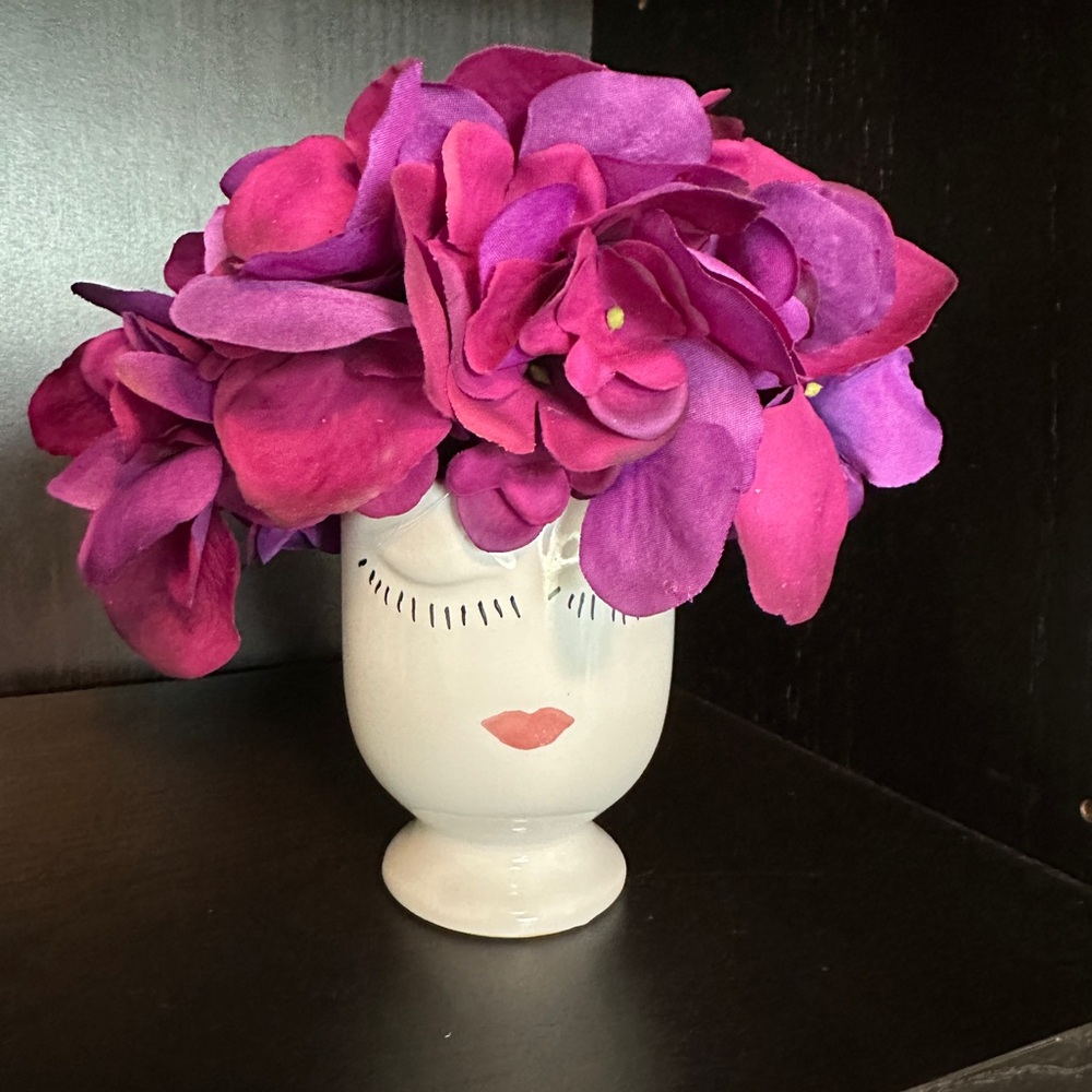 Whimsical Face Vase Vibrant Pink Purple Floral Blooms Decorative Home Accent New